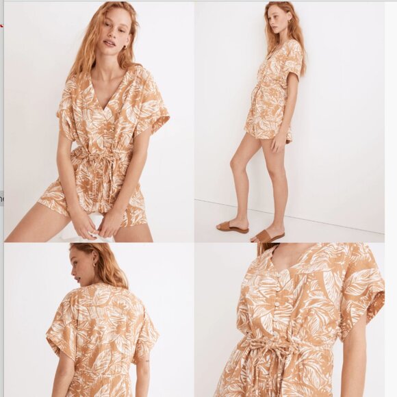Madewell Lightestspun Drawstring Cover-Up Romper in Palm Leaves Women's Medium - Picture 1 of 16